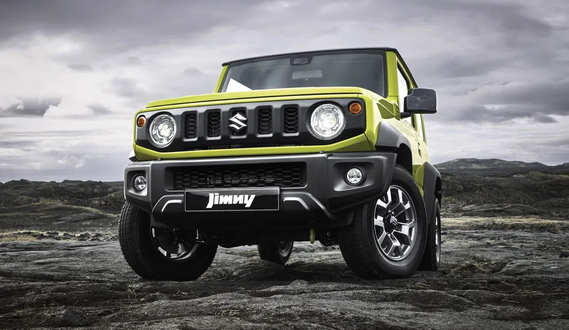 Close-up of Jimny’s round LED headlights with washers