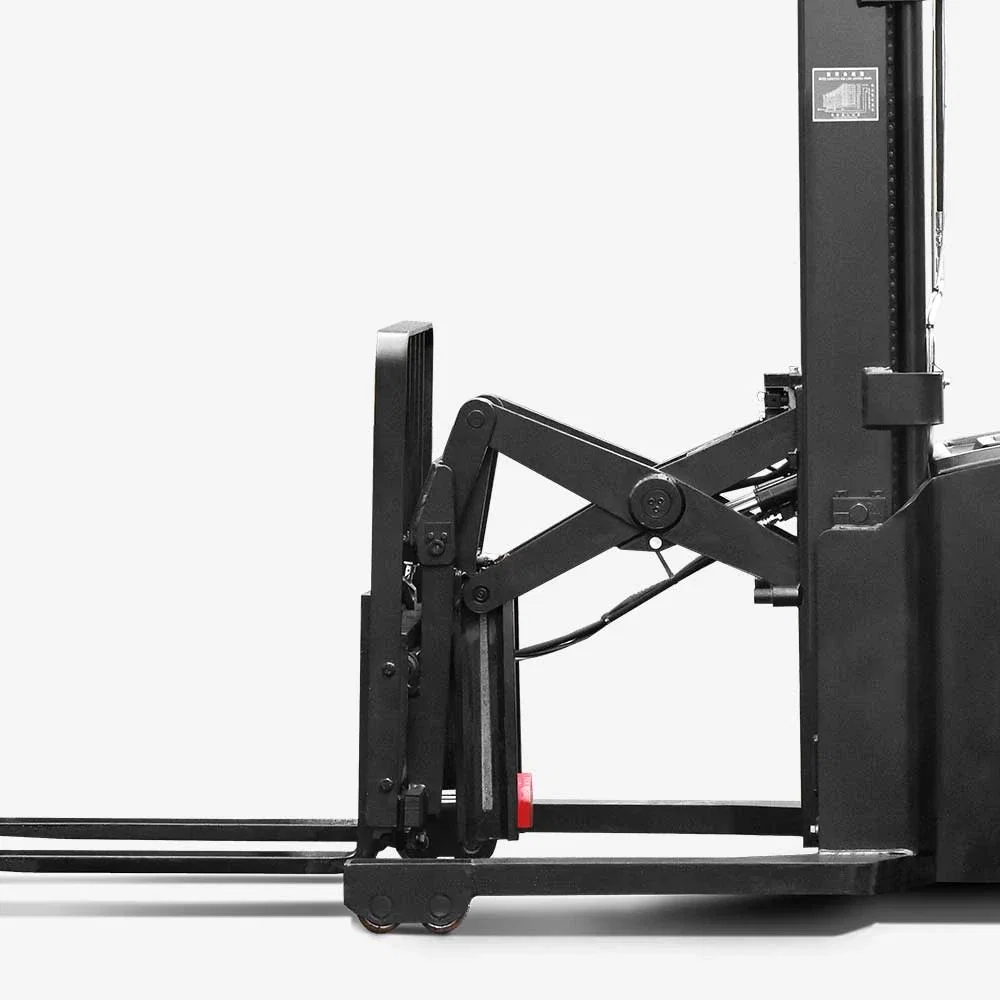 A Series high range stand-on stacker with reach fork