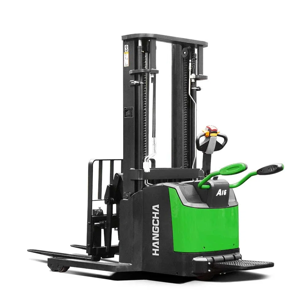 A Series high range stand-on stacker with reach fork