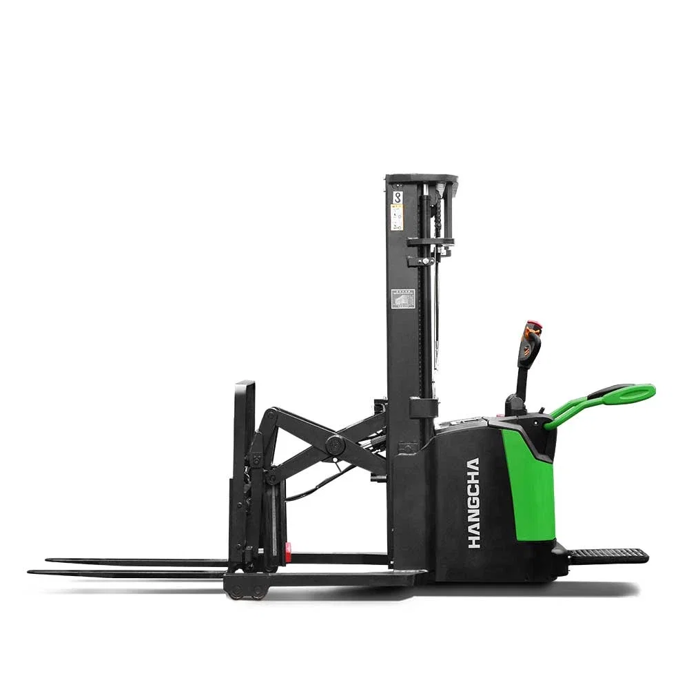 A Series high range stand-on stacker with reach fork