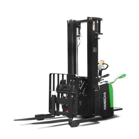 A Series high range stand-on stacker with reach fork