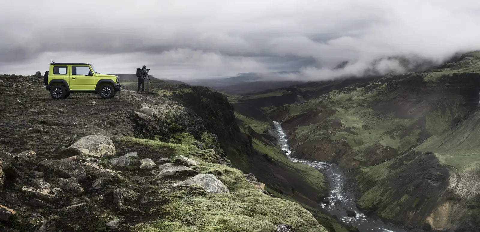 Suzuki Jimny parked on rugged rocks during sunset
